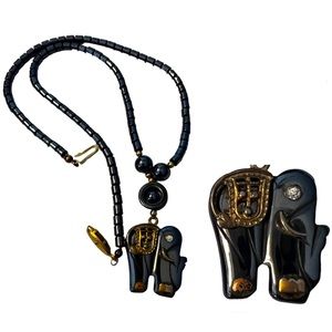 Vintage Hematite Elephant Pendant Necklace 80s 90s Statement